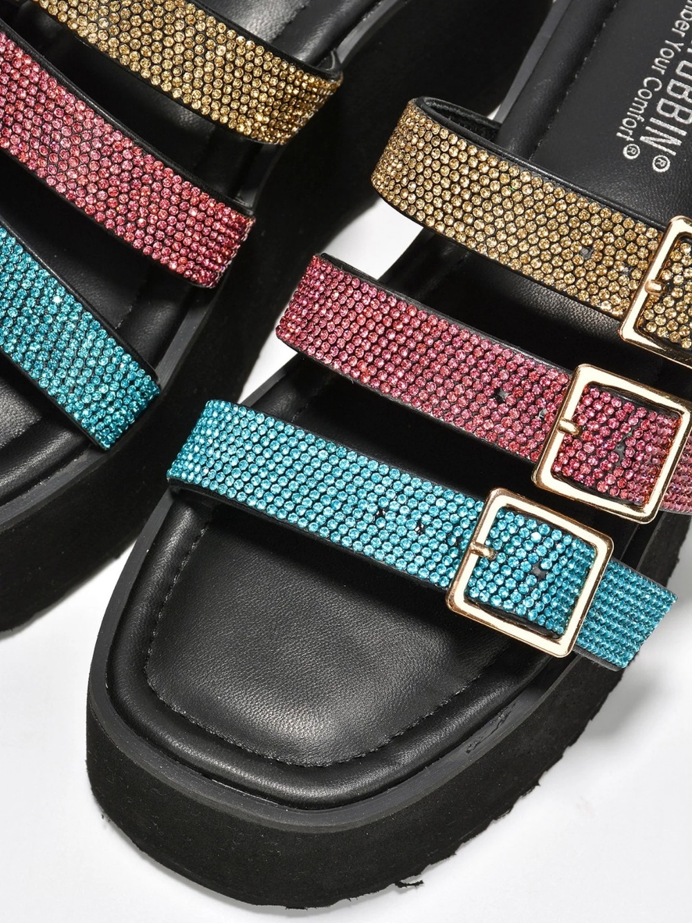 •CAPE ROBBIN• “Paye” Buckle Platform Rhinestone Slide Sandals-Multi // NIB - Picture 5 of 15